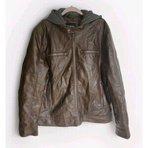 GUESS Mens Faux Leather Hooded Moto Jacket Brown XXL Zip Hood Wind Water Resist
